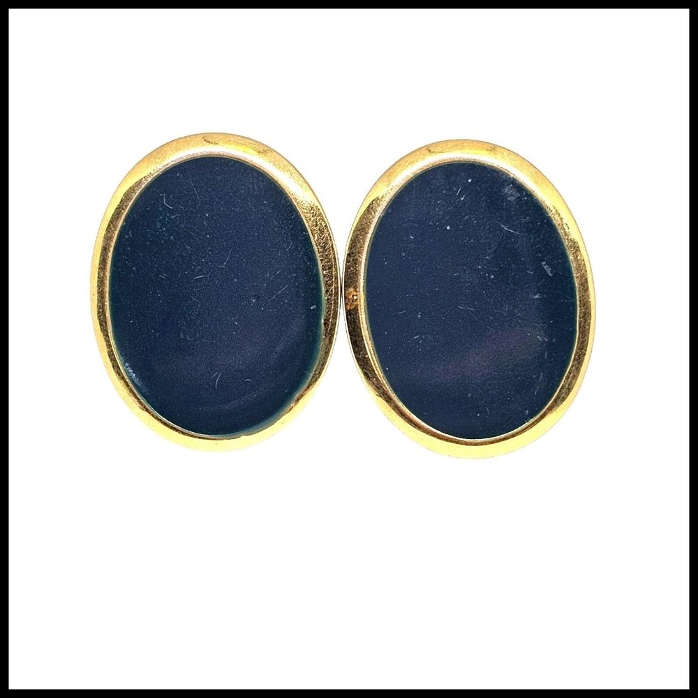 Vintage signed Napier Gold Tone Metal Navy Blue Enamel Oval Earrings Screw Back